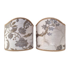 Pair of Clip-On Shield Shades Ivory and Gold Silk Brocade Rubelli Fabric Madama Butterfly Pattern Mini Lampshade - Handmade in Italy