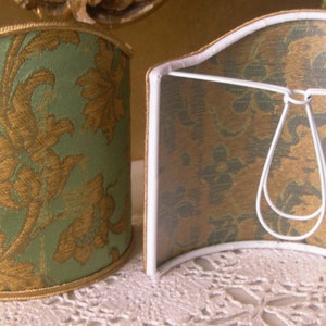 Pair of Clip-On Wall Sconce Shield Shades Green and Gold Rubelli Silk Jacquard Les Indes Galantes Pattern Mini Lampshade Handmade in Italy image 2