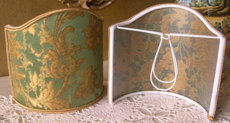 Pair of Clip-On Wall Sconce Shield Shades Green and Gold Rubelli Silk Jacquard Les Indes Galantes Pattern Mini Lampshade Handmade in Italy image 2