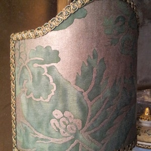 Clip-On Shield Shade Fortuny Fabric Green & Gold Olimpia Pattern Mini Lampshade Handmade in Italy image 2