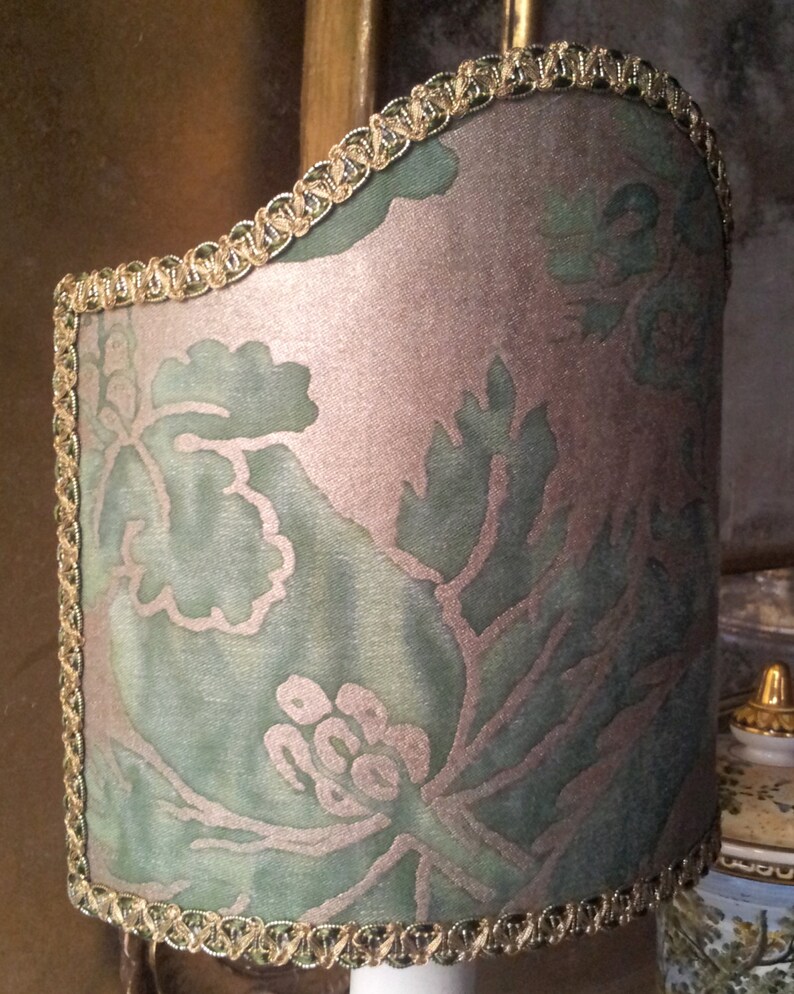 Clip-On Shield Shade Fortuny Fabric Green & Gold Olimpia Pattern Mini Lampshade Handmade in Italy image 2