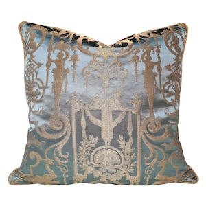 Throw Pillow Cushion Cover Silk Brocade Rubelli Fabric Aqua Blue and Gold Aida Pattern - Made in Italy image 1