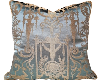 Throw Pillow Cushion Cover Silk Brocade Rubelli Fabric Aqua Blue and Gold Aida Pattern - Made in Italy