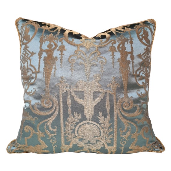 Throw Pillow Cushion Cover Silk Brocade Rubelli Fabric Aqua Blue and Gold Aida Pattern - Made in Italy