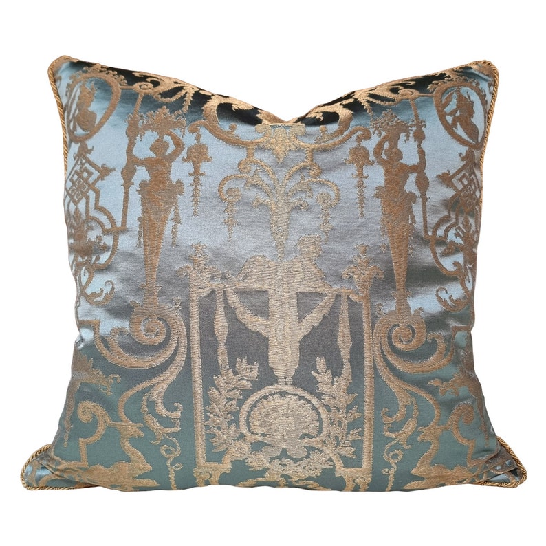 Throw Pillow Cushion Cover Silk Brocade Rubelli Fabric Aqua Blue and Gold Aida Pattern - Made in Italy image 1