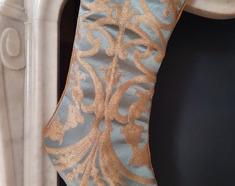 Luxury Christmas Stocking Silk Jacquard Rubelli Fabric Blue & Gold Serlio Pattern - Made in Italy