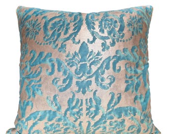 Fortuny stoffen sierkussen kussenhoes blauwgroen en zilverachtig goud farnesepatroon - Made in Italy