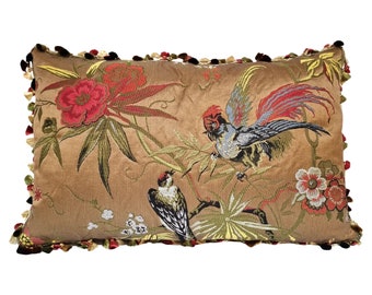 Decorative Pillow Cover with Multicolor Tassel Trim Hazelnut Brown Silk Brocade Luigi Bevilacqua Fabric Uccelli Pattern - Handmade in Italy