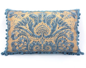 Fortuny Fabric Tassel Fringe Lumbar Throw Pillow Case Demedici Pattern in Blue & Gold Texture - Made in Italy