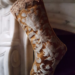 Luxury Christmas Stocking Bronze & Silver Silk Jacquard Rubelli Fabric Les Indes Galantes Pattern - Made in Italy