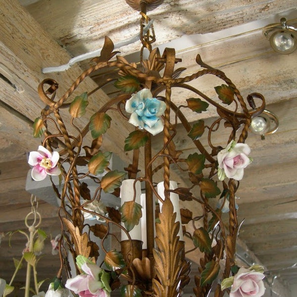 Antique Italian Painted Tole Porcelain Flowers Cage Chandelier Shabby Chic