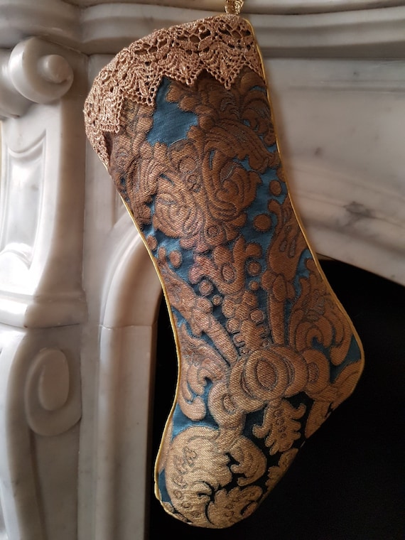 Luxury Christmas Stocking Blue & Gold Silk Brocatelle Rubelli Fabric Tebaldo Pattern - Made in Italy