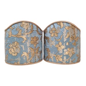 Pair of Clip-On Wall Sconces Shield Shades Sky Blue Gold Rubelli Silk Jacquard Les Indes Galantes Pattern Mini Lampshade - Handmade in Italy