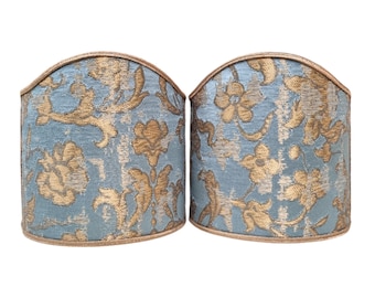 Pair of Clip-On Wall Sconces Shield Shades Sky Blue Gold Rubelli Silk Jacquard Les Indes Galantes Pattern Mini Lampshade - Handmade in Italy