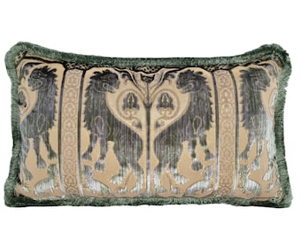 Luigi Bevilacqua Silk Heddle Velvet Decorative Lumbar Pillow Case Olive Green Leoni Bizantini Pattern - Handmade in Italy