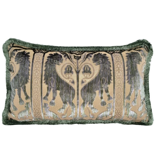 Luigi Bevilacqua Silk Heddle Velvet Decorative Lumbar Pillow Case Olive Green Leoni Bizantini Pattern - Handmade in Italy