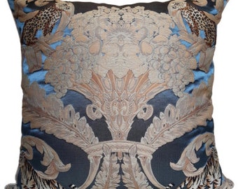 Throw Pillow Cushion Cover Blue Silk Damask Rubelli Fabric Sandokan Pattern - Handmade in Italy