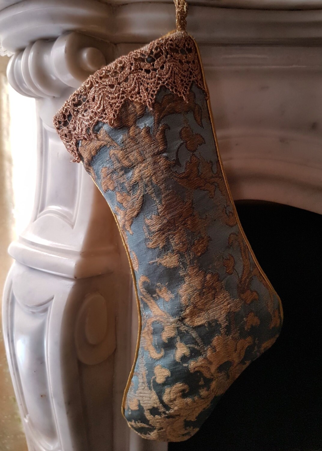 Luxury Christmas Stocking Sky Blue Gold Silk Jacquard Rubelli