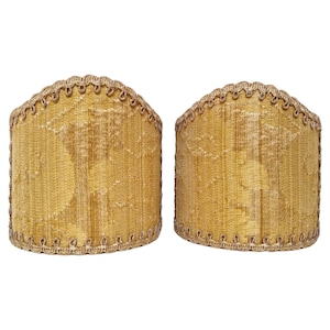 Pair of Clip-On Shield Shades Gold Silk Damask Rubelli Fabric Ruzante Pattern Mini Lampshade - Made in Italy