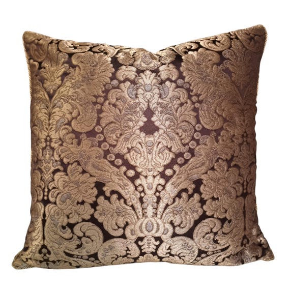 Throw Pillow Cushion Cover Silk Brocatelle Rubelli Fabric Brown and Gold Tebaldo Pattern - Made in Italy
