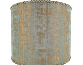 Drum Lamp Shade Silk Lampas Rubelli Jacquard Fabric Reseda Green & Gold Venier Pattern Round Lampshade - Handmade in Italy