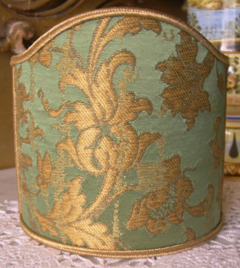 Pair of Clip-On Wall Sconce Shield Shades Green and Gold Rubelli Silk Jacquard Les Indes Galantes Pattern Mini Lampshade Handmade in Italy image 5