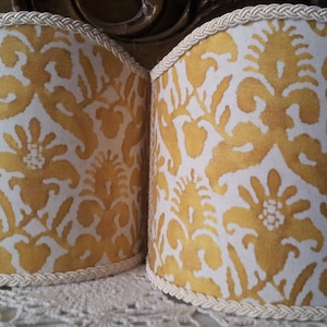 Pair of Wall Sconce Clip-On Shield Shades Fortuny Fabric Yellow & White Delfino Pattern Half Lampshade - Handmade in Italy