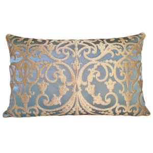 Blue & Gold Silk Jacquard Rubelli Fabric Throw Pillow Cushion Cover Serlio Pattern - Handmade in Italy