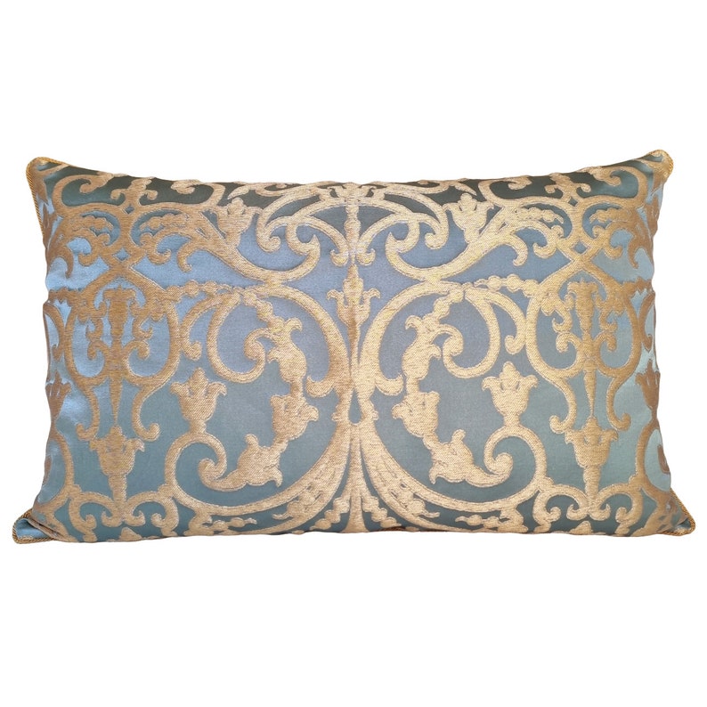 Blue & Gold Silk Jacquard Rubelli Fabric Throw Pillow Cushion Cover Serlio Pattern - Handmade in Italy image 1