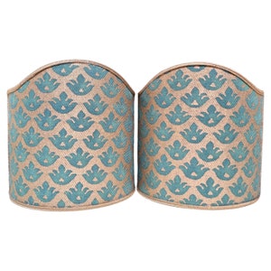 Pair of Wall Sconce Clip-On Shield Shades Fortuny Fabric Green & Gold Canestrelli Pattern Half Lampshade - Handmade in Italy