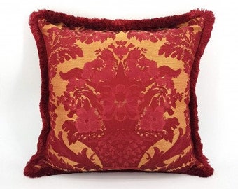 Decorative Throw Pillow Case with Brush Fringe Red Silk Broccatelle Luigi Bevilacqua Fabric Giardino Pattern - Handmade in Italy