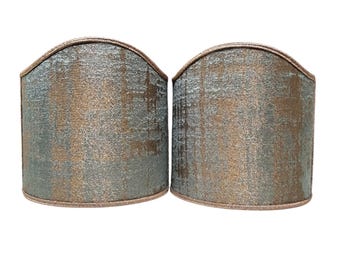 Pair of Clip-On Shield Shades Reseda Green and Gold Rubelli Venier Jacquard Fabric Mini Lampshade - Made in Italy