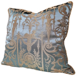 Throw Pillow Cushion Cover Silk Brocade Rubelli Fabric Aqua Blue and Gold Aida Pattern - Made in Italy image 4