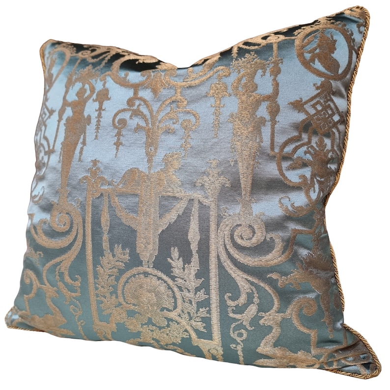 Throw Pillow Cushion Cover Silk Brocade Rubelli Fabric Aqua Blue and Gold Aida Pattern - Made in Italy image 4