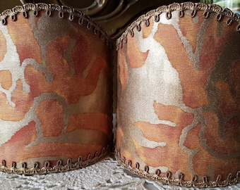 Pair of Wall Sconce Clip-On Shield Shades Fortuny Fabric Burnt Apricot & Silvery Gold Barberini Pattern Half Lampshade - Handmade in Italy