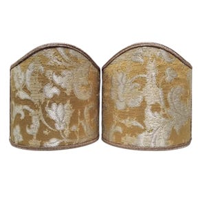 Pair of Clip-On Wall Sconces Shield Shades Gold and Silver Rubelli Silk Jacquard  Les Indes Galantes Pattern Mini Lampshade - Made in Italy