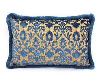 Decorative Pillow Cover with Brush Fringe Indigo Blue Silk Heddle Velvet Luigi Bevilacqua Fabric Rinascimento Pattern - Made in Italy