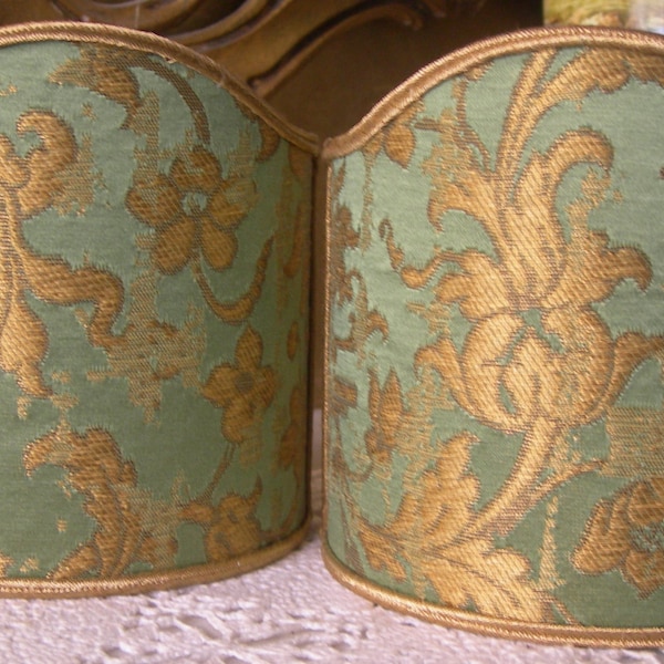 Pair of Clip-On Wall Sconce Shield Shades Green and Gold Rubelli Silk Jacquard Les Indes Galantes Pattern Mini Lampshade - Handmade in Italy