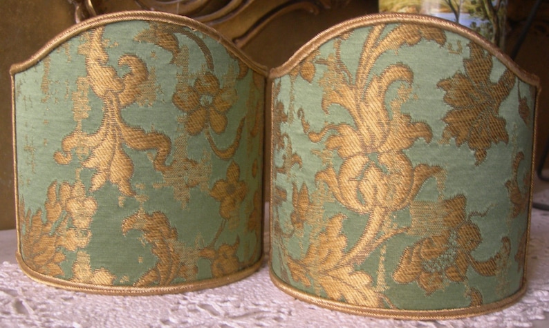Pair of Clip-On Wall Sconce Shield Shades Green and Gold Rubelli Silk Jacquard Les Indes Galantes Pattern Mini Lampshade Handmade in Italy image 1