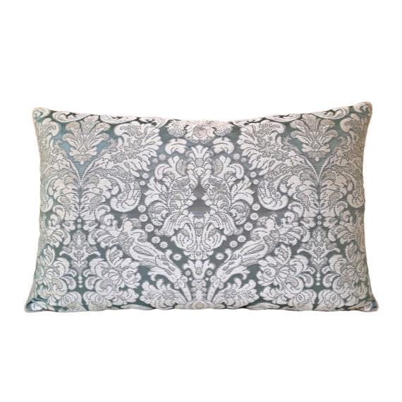 Lumbar Throw Pillow Cushion Cover Silk Brocatelle Rubelli Fabric Aqua Blue and Silver Tebaldo Pattern - Made in Italy