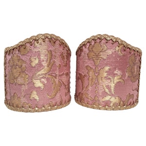 Pair of Clip-On Wall Sconces Shield Shades Pink and Gold Rubelli Silk Jacquard Les Indes Galantes Pattern Mini Lampshade - Handmade in Italy