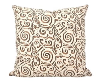 Fortuny Fabric Throw Pillow Cushion Cover in Tang Brown, Tan, Black & Pale Beige Maori Pattern - Made in Italy