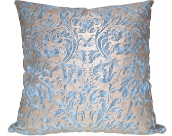 Sierkussen Kussenhoes Fortuny-stof Briljantblauw en zilverachtig goud Sevres-patroon - Made in Italy