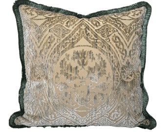 Decorative Pillow Case with Brush Fringe Baltico Green Luigi Bevilacqua Velvet Da Vinci Pattern - Handmade in Italy