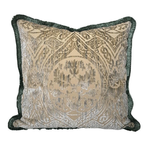 Decorative Pillow Case with Brush Fringe Baltico Green Luigi Bevilacqua Velvet Da Vinci Pattern - Handmade in Italy