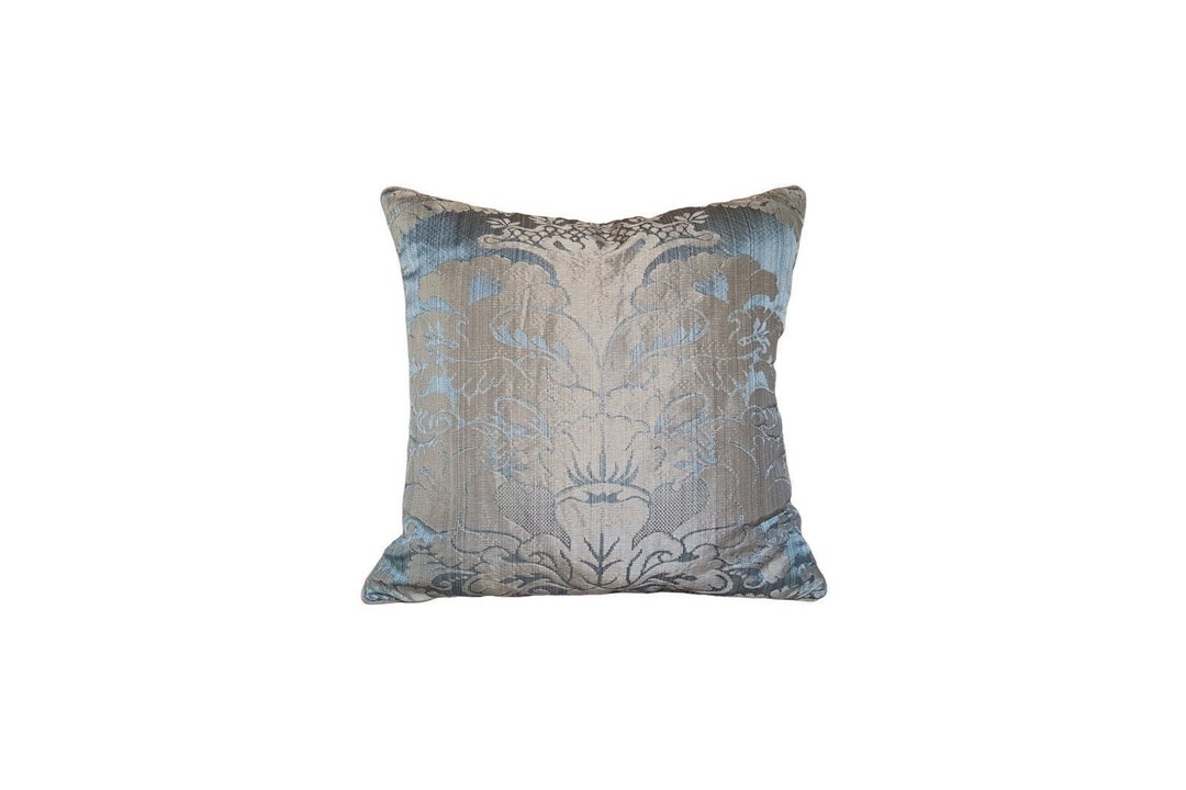 Pure Silk Throw Pillow Cushion Cover Crinkled Damask Rubelli Fabric Aqua Blue San Marco Pattern