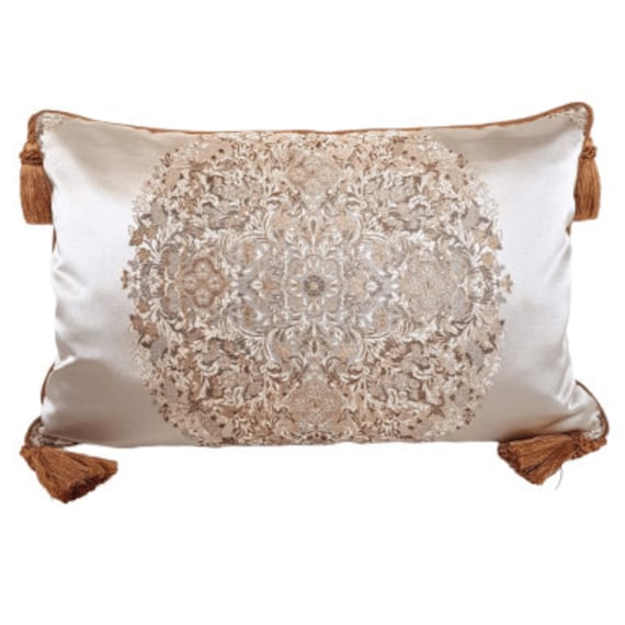 Gold Tassel Corners Throw Pillow Case Silk Lampas Rubelli Fabric Ivory Sherazade Pattern Handmade in Italy Etsy