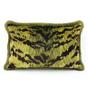 Decorative Pillow Case with Brush Fringe Green Shiné Velvet Luigi Bevilacqua Fabric Tigre Pattern - Made in Italy