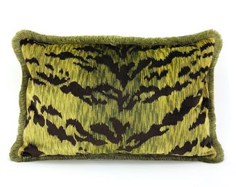 Decorative Pillow Case with Brush Fringe Green Shiné Velvet Luigi Bevilacqua Fabric Tigre Pattern - Made in Italy