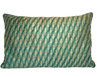 Fortuny Fabric Throw Pillow Cover Emerald & Gold Piumette Pattern - Made in Italy